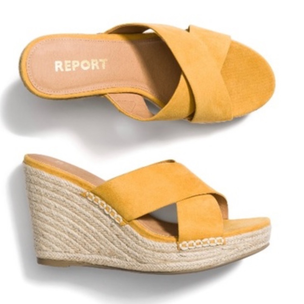 Golden Yellow Suede Slide Rope Wedge Espadrilles by Report in size 9